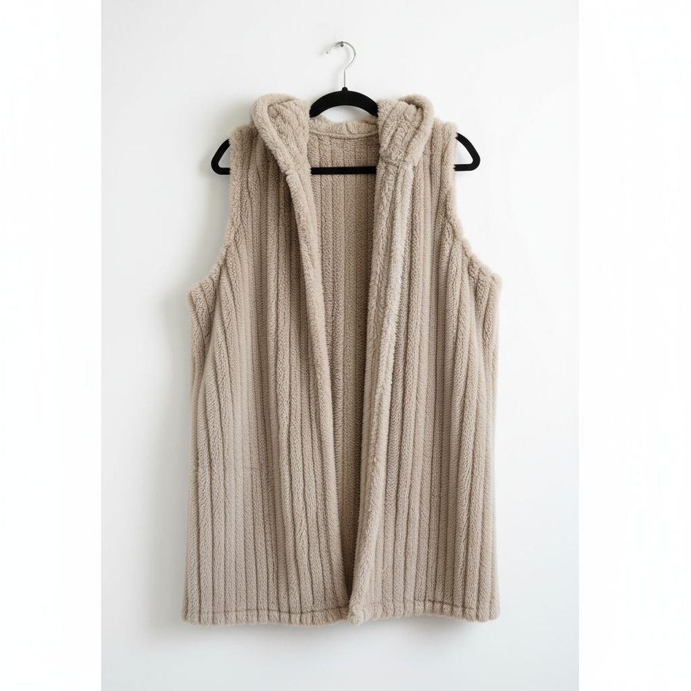 Faux Fur Hooded Vest Beige Tan Womens Medium Large